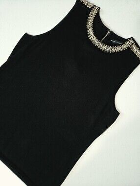 WHBM Black Sleeveless Sweater Top Embellished Gold Crystal Neckline Petite Large
